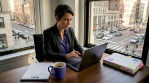 CEO reviews recruitment dashboard in corner office
