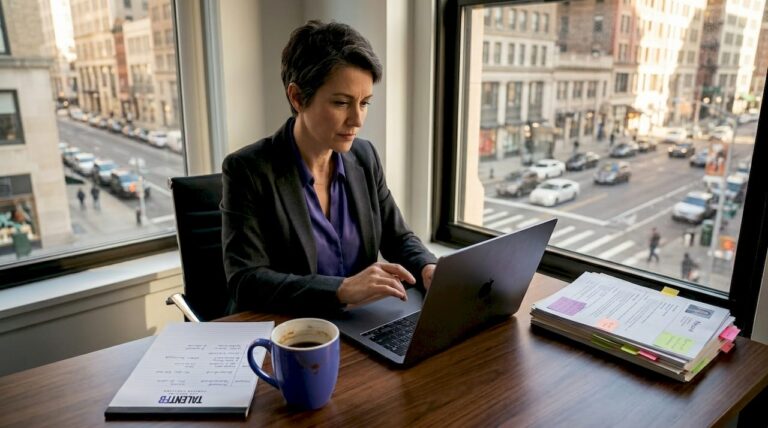CEO reviews recruitment dashboard in corner office
