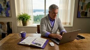 Executive using LinkedIn in urban corner office