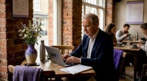 Executive reviewing notes in coworking workspace
