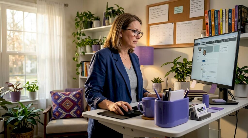 Businesswoman updating LinkedIn at corner office desk