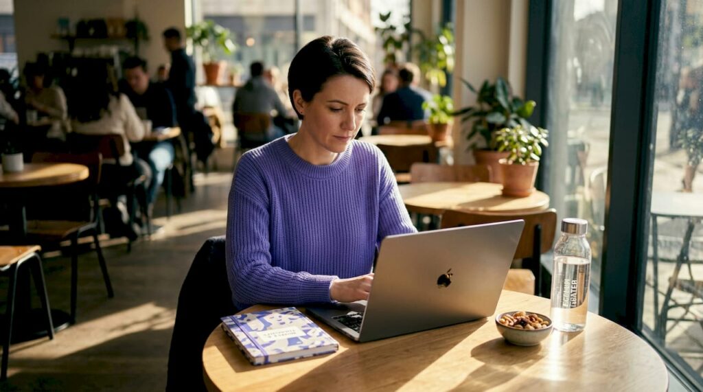 Recruiter scanning profiles in busy open office