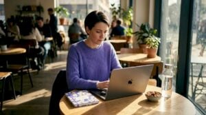 Recruiter scanning profiles in busy open office