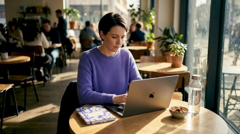 Recruiter scanning profiles in busy open office