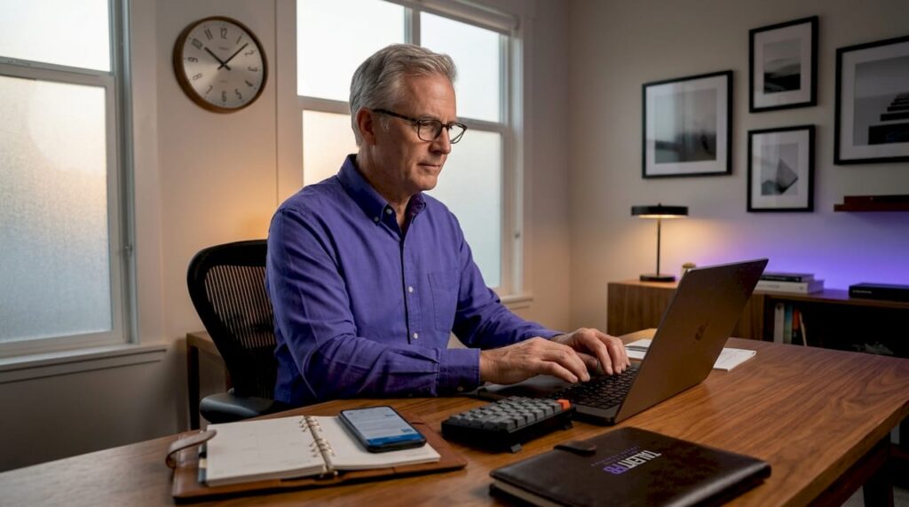 Senior professional emailing in tidy home office