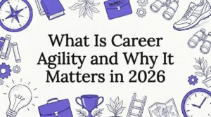 Decorative title card illustration with career agility motifs