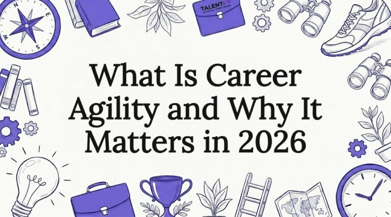 Decorative title card illustration with career agility motifs