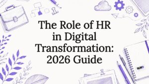 Decorative title card illustration with HR and digital transformation elements