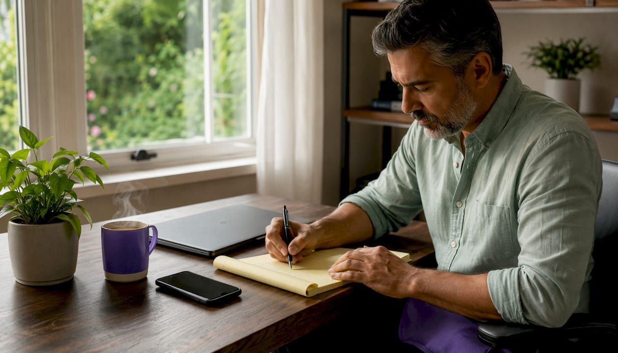 Senior tech leader writing notes at desk