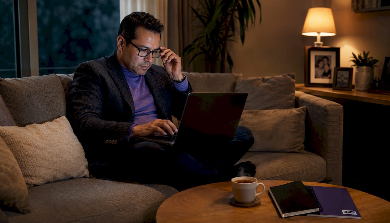 Man working on digital branding infrastructure on laptop.