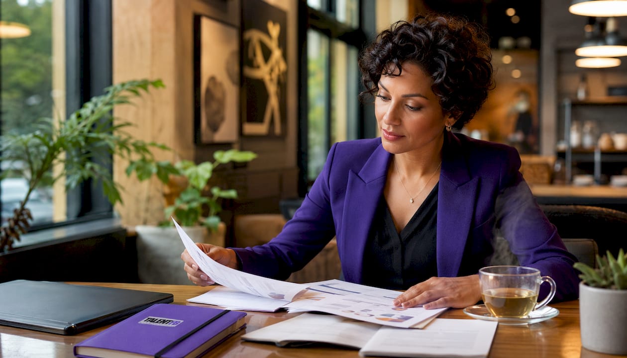 Woman leader reviewing branding strategy documents at desk.