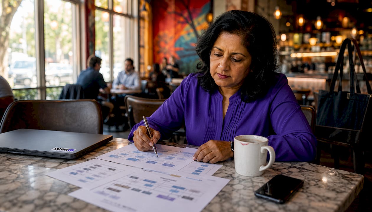 Senior tech leader reviewing organizational charts