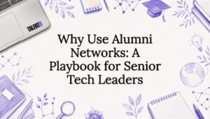 Decorative title card illustration with alumni network theme