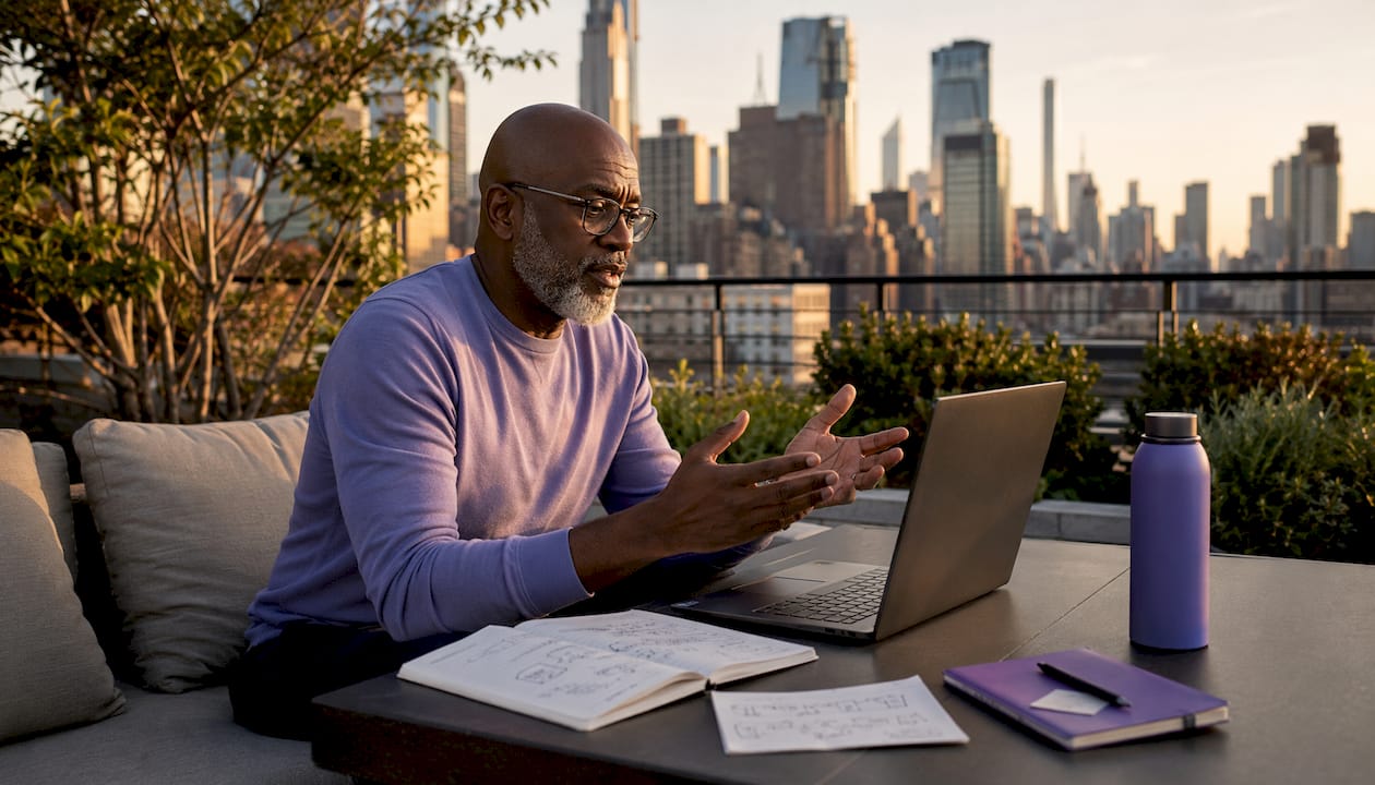 Senior tech leader video networking in office