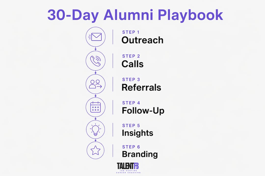 Infographic showing 6-step alumni network playbook