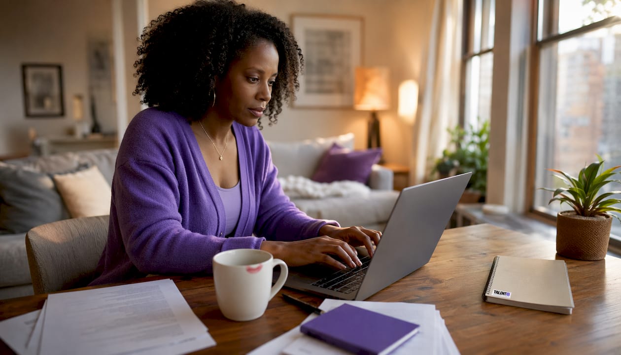 Recruiter typing at standing desk in modern office