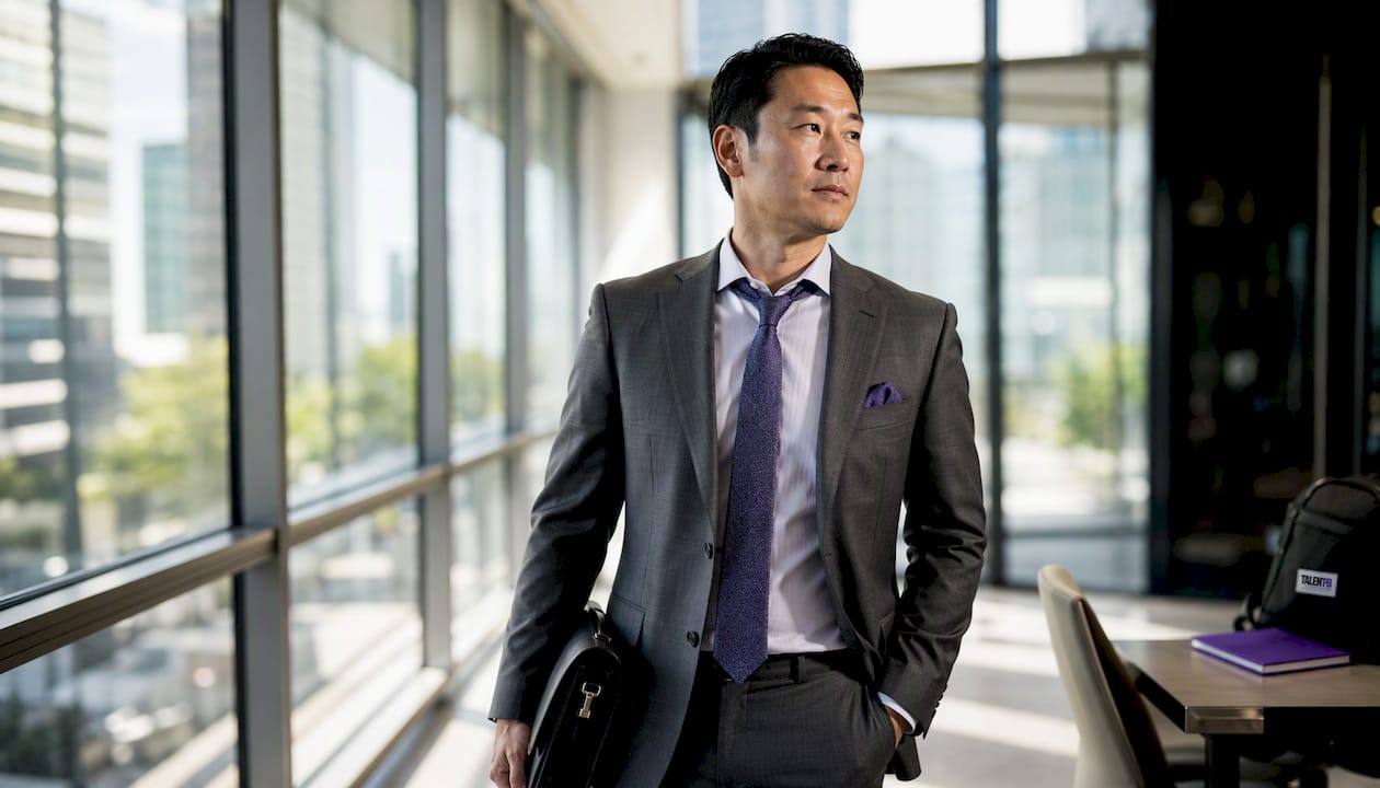 Asian male executive walking in hallway