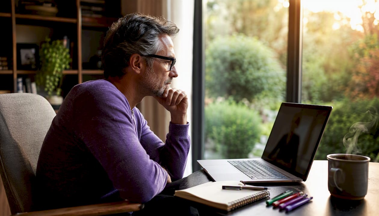 Senior tech leader in home office on laptop coaching call