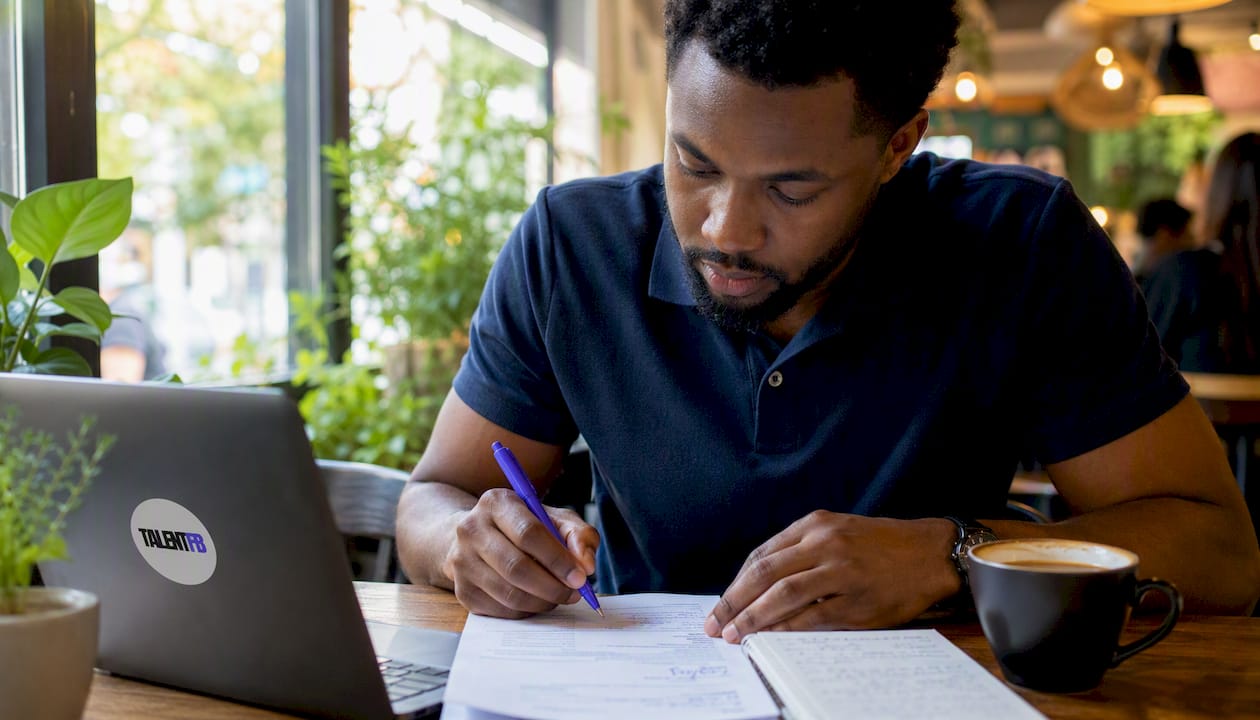Man editing printed resume in co-working space