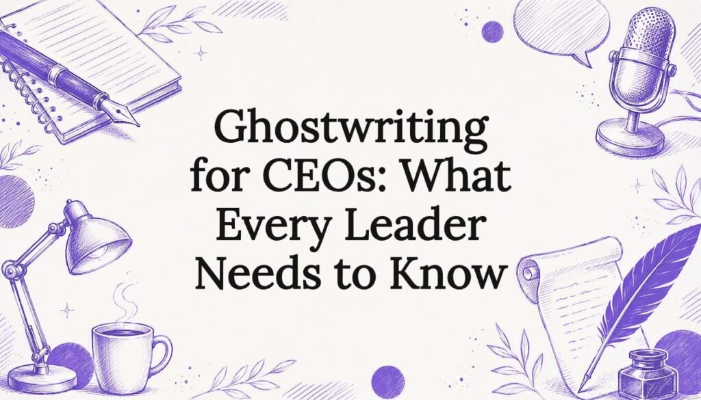 Decorative title card illustrating executive writing and leadership