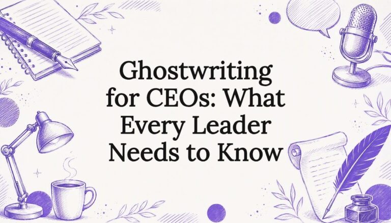 Decorative title card illustrating executive writing and leadership