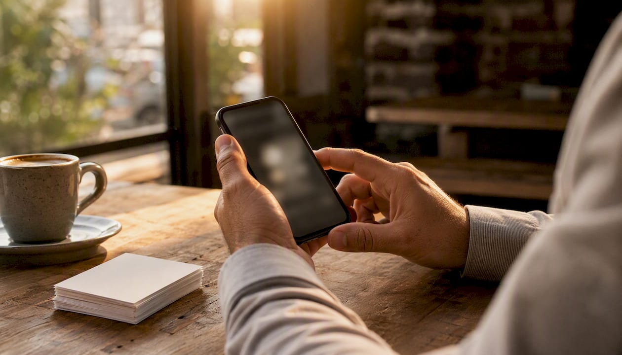 Hands holding smartphone considering communication options