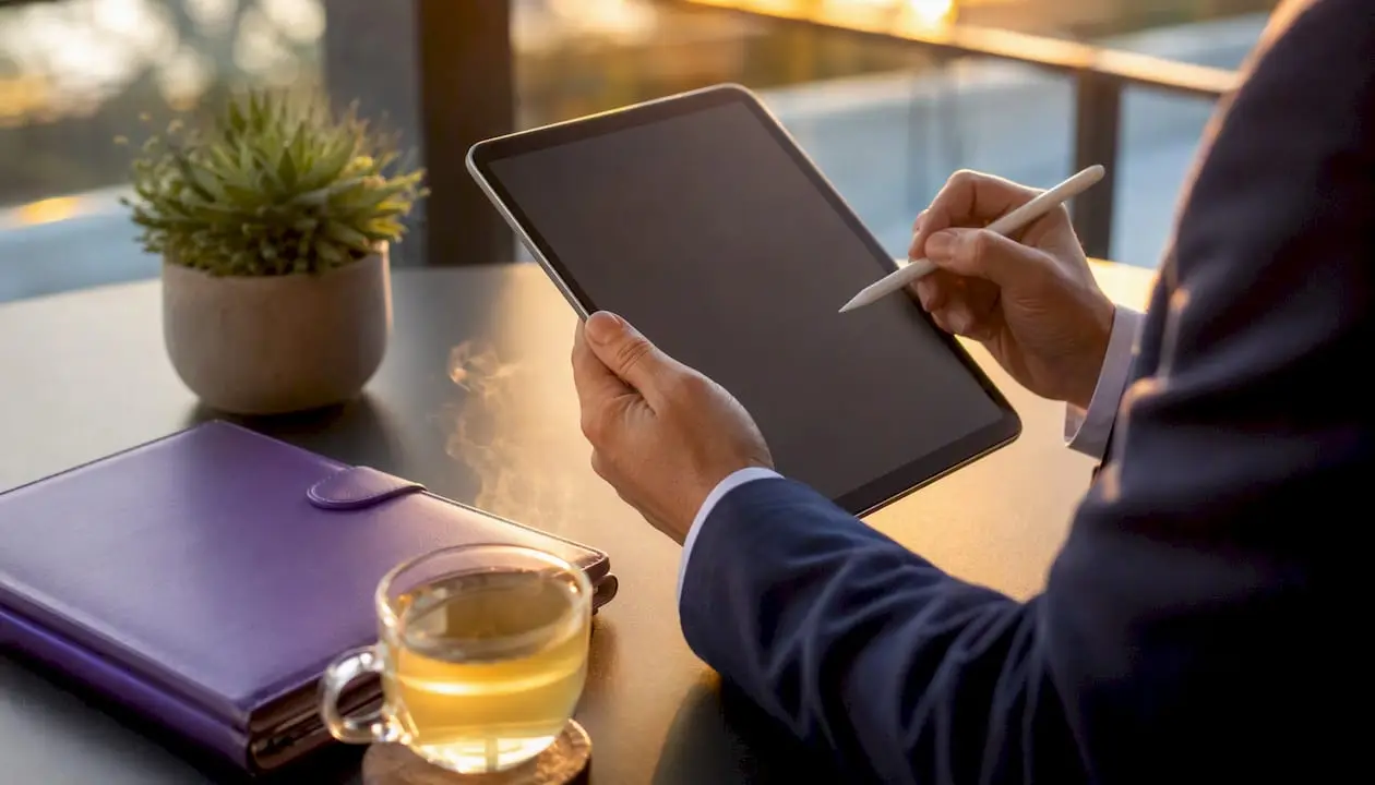 Hands marking a calendar on tablet for newsletter planning