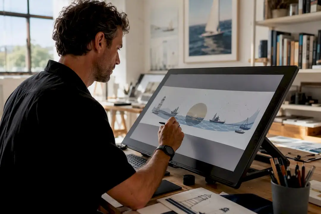 Hands customizing LinkedIn banner with maritime tech icons