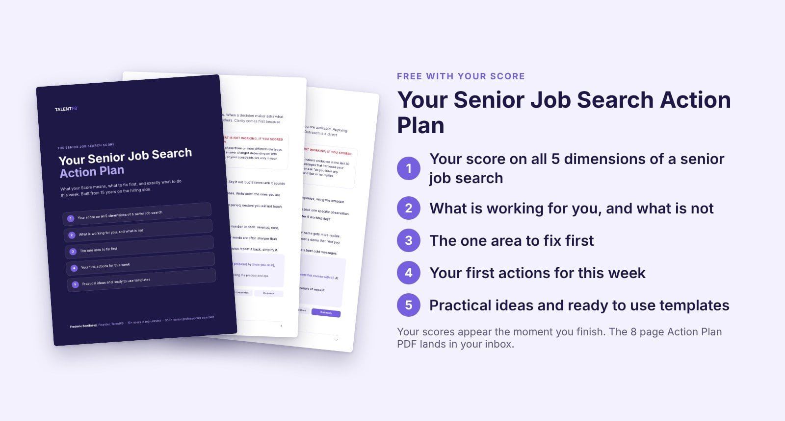 Preview of the Senior Job Search Action Plan: your score on all 5 dimensions, what is working and what is not, the one area to fix first, your first actions this week, practical ideas and templates